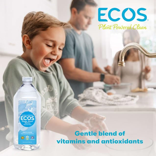 Sustainable plastic refill container reduces waste while keeping hands soft.