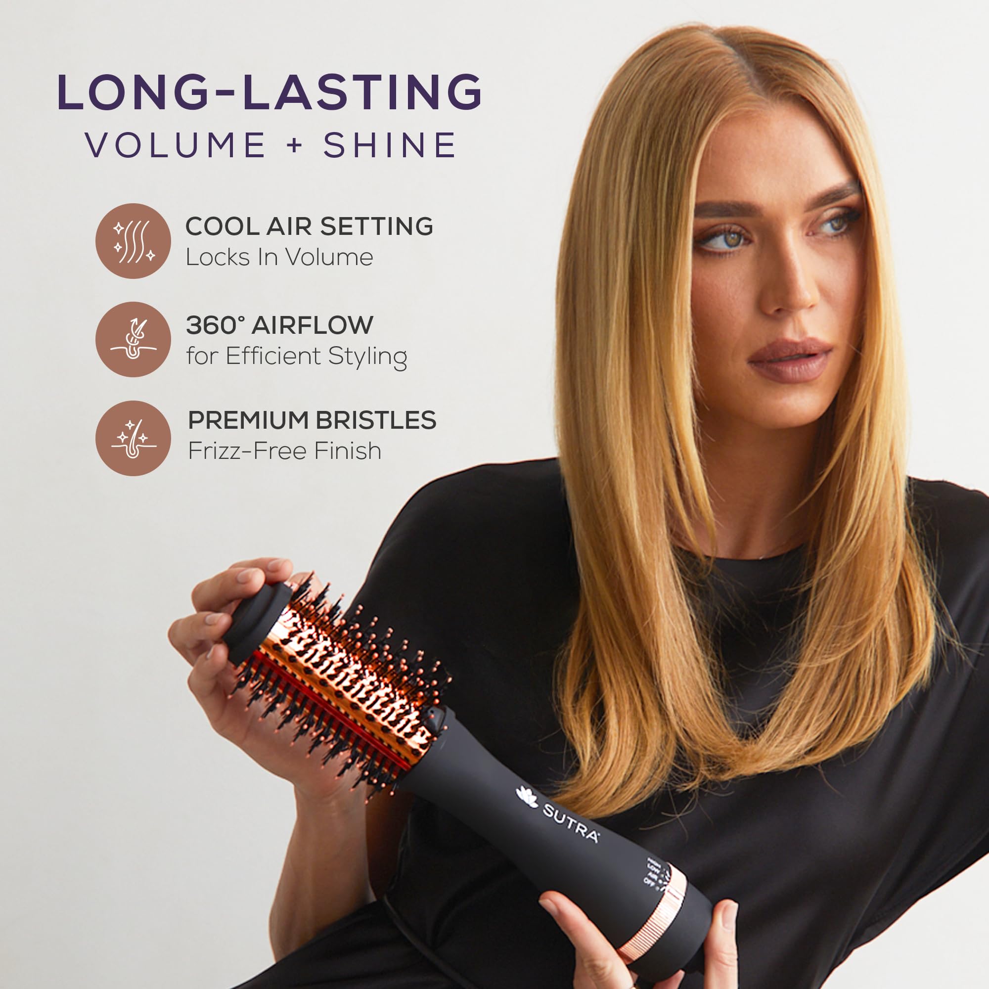 SUTRA IR Infrared 2in Blowout Brush heat-settings closeup illustrating customizable drying.