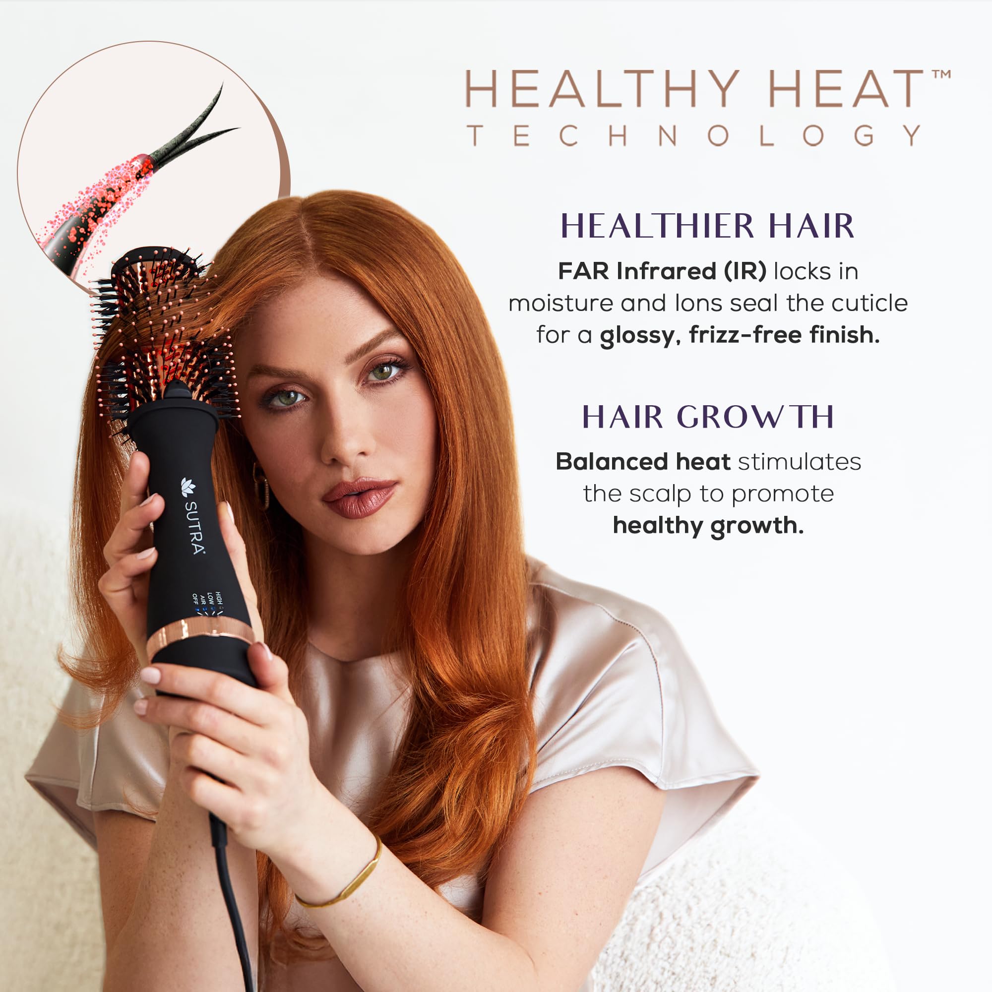 SUTRA IR Infrared 2in Blowout Brush in action delivering volumized, smooth results during styling.