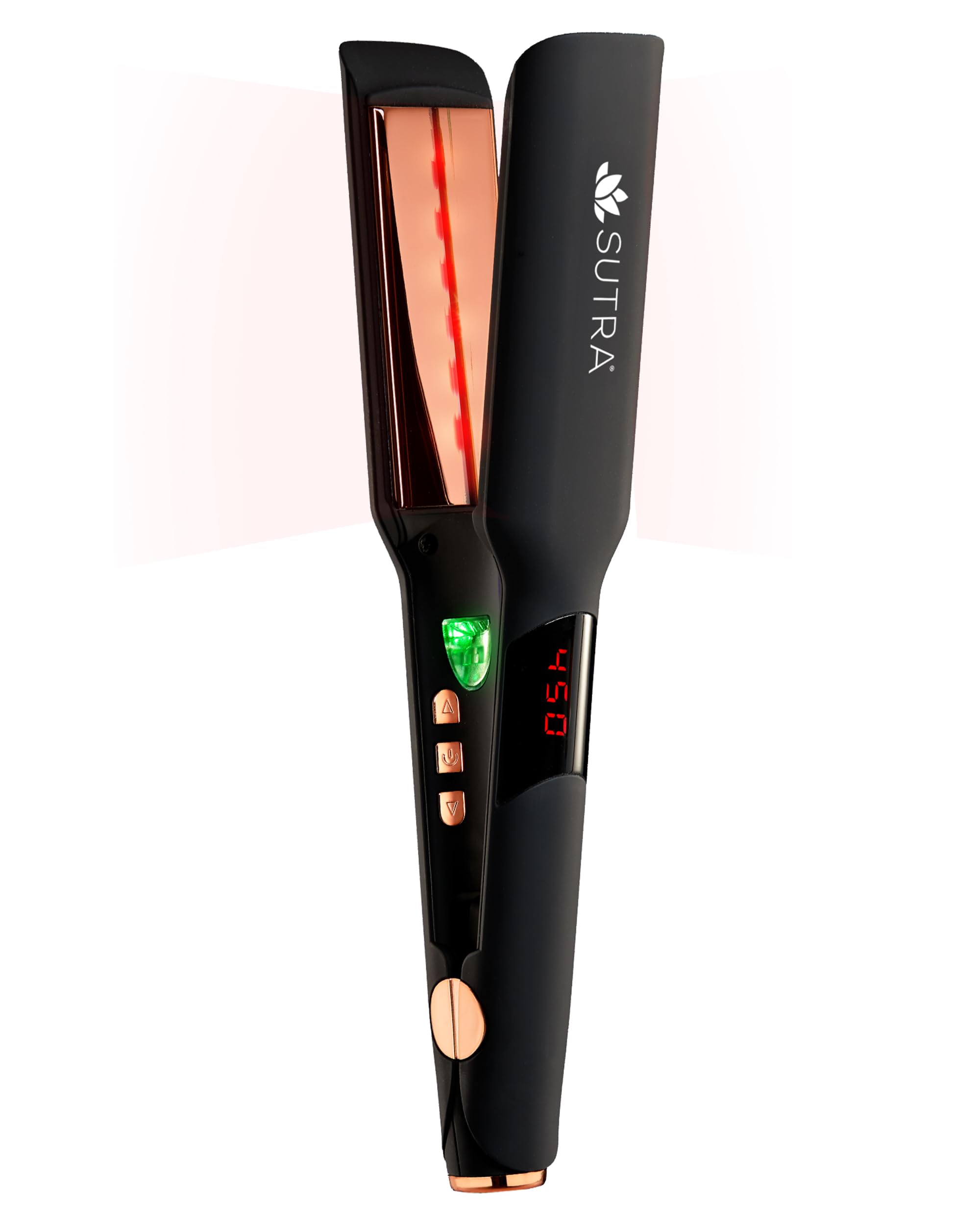 Sutra IR2 flat iron front view with precise temperature control for effortless styling.