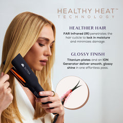 Sutra IR2 flat iron titanium-infused plates glide smoothly for a glossy finish.