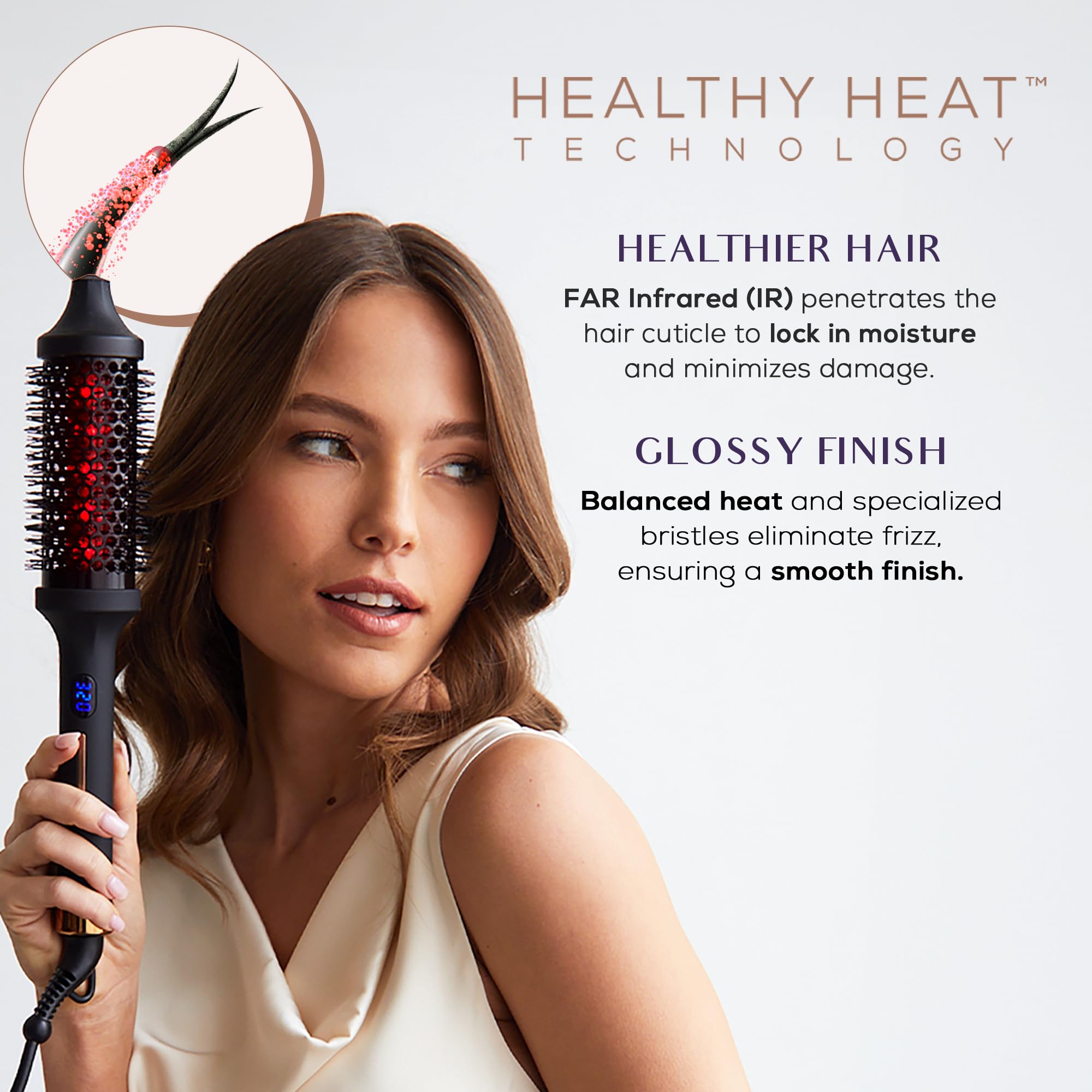Sutra Thermal Brush with digital display highlighting precise heat control for tailored styling.