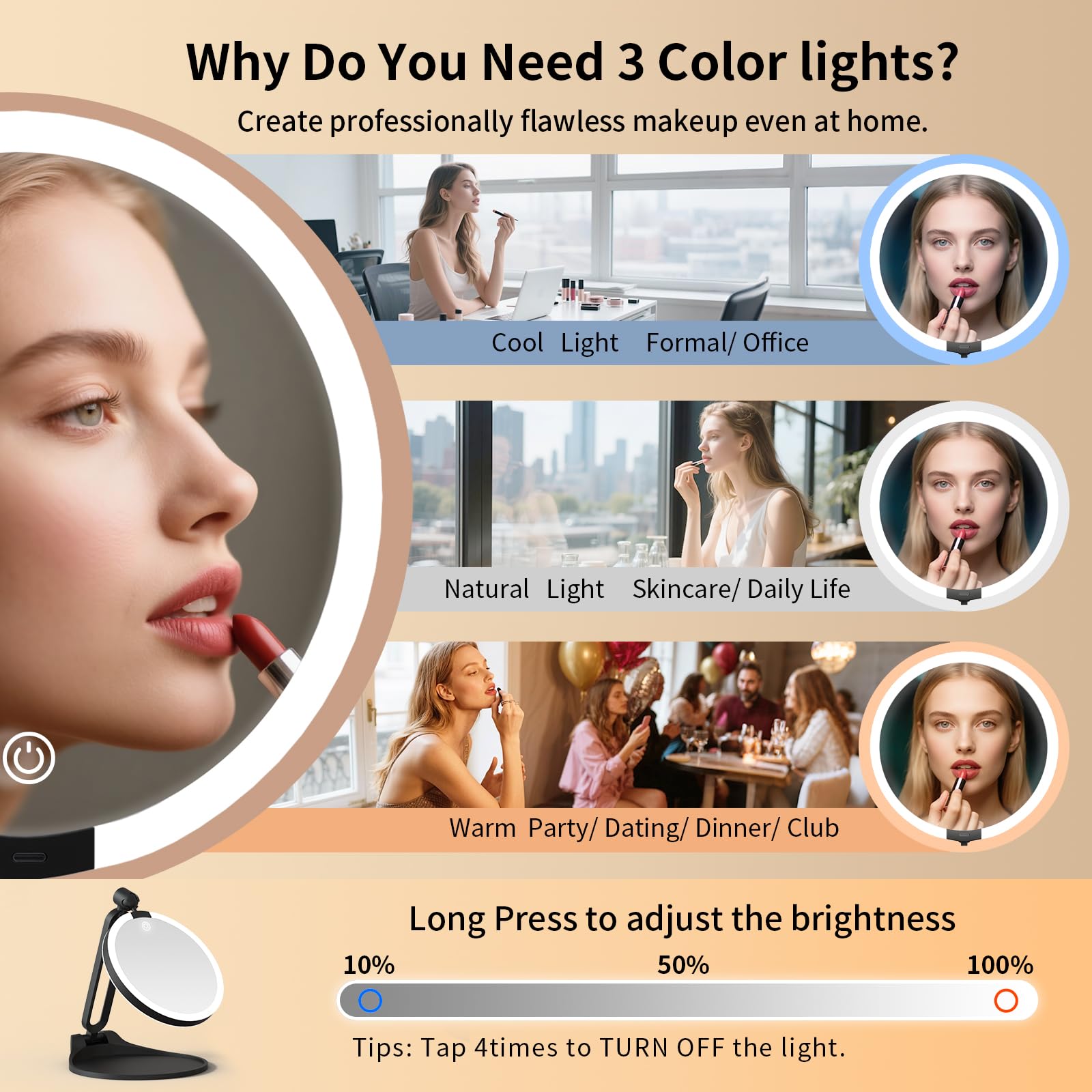 Suupvaor LED three-color lighting supports day, natural, and warm tones.