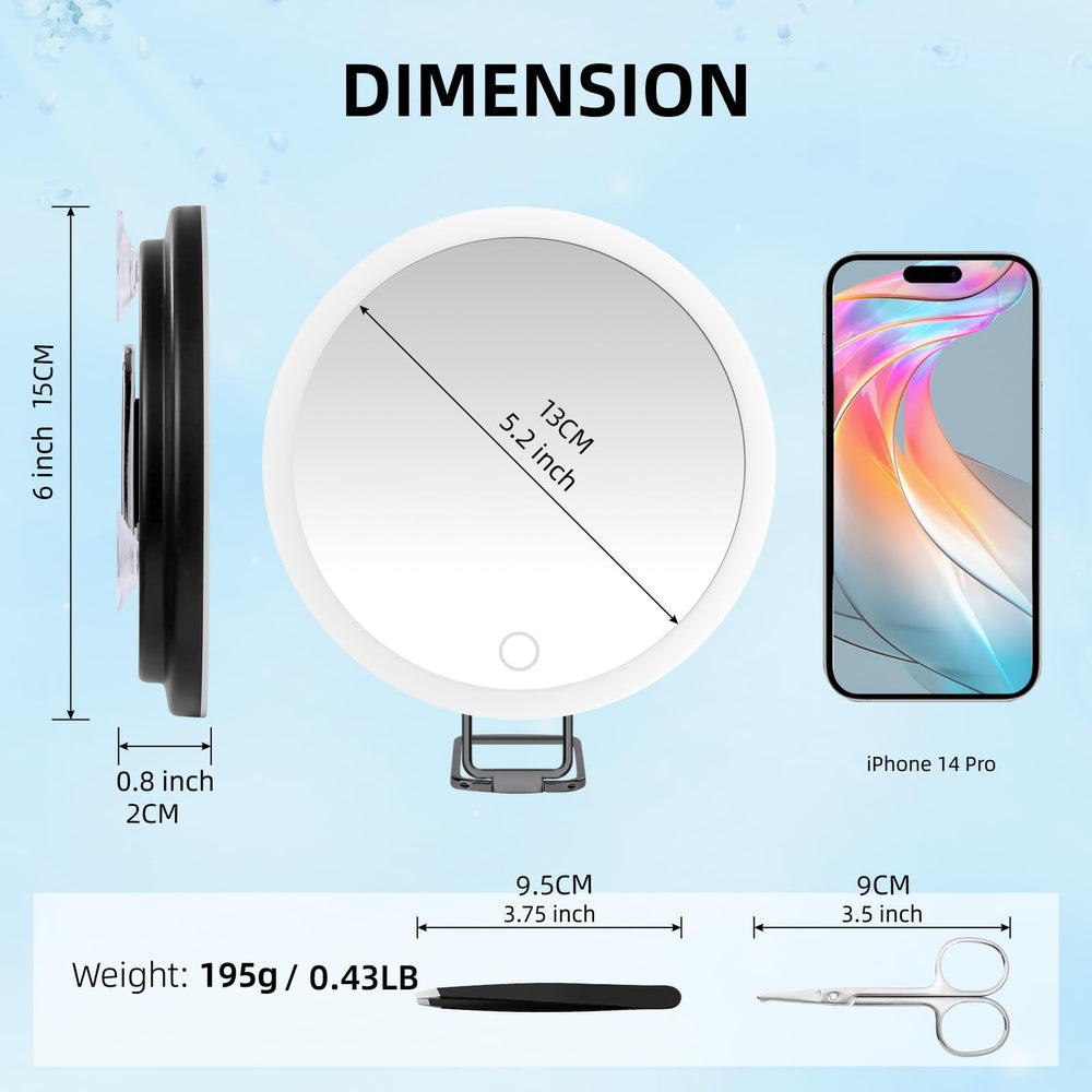Suupvaor magnifying mirror with suction cups enables hands-free use on smooth surfaces.