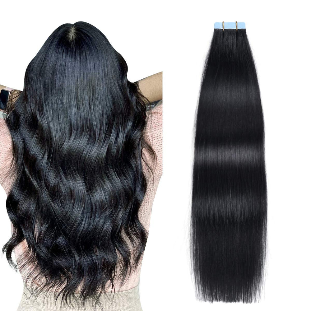 SUYYA tape-in jet black 20in weft closeup showing premium Remy hair with natural shine for seamless blend