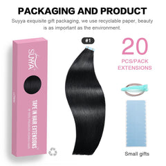 SUYYA jet black 20-inch skin weft image highlighting seamless attachment and smooth texture for everyday wear