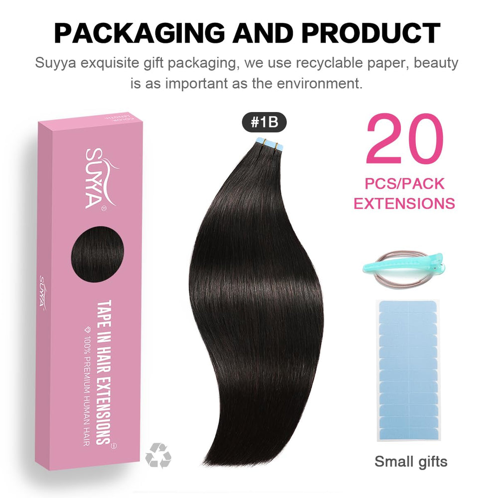 SUYYA tape-in extensions 20 inches with seamless skin weft for easy styling.
