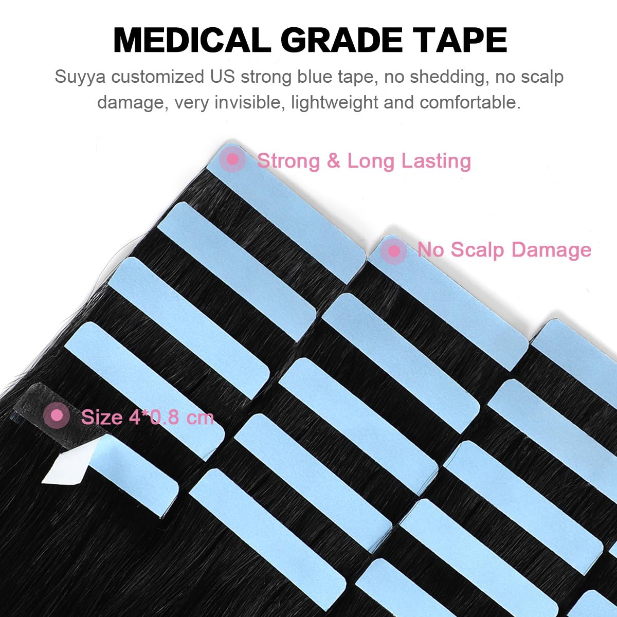 SUYYA tape-in extensions closeup pack showing easy application and secure bond for quick styling