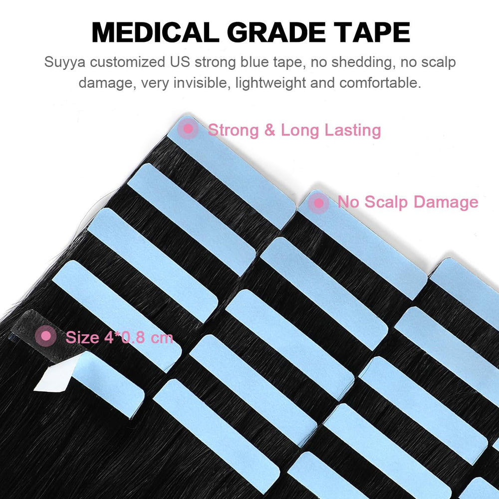 SUYYA tape-in extensions closeup pack showing easy application and secure bond for quick styling