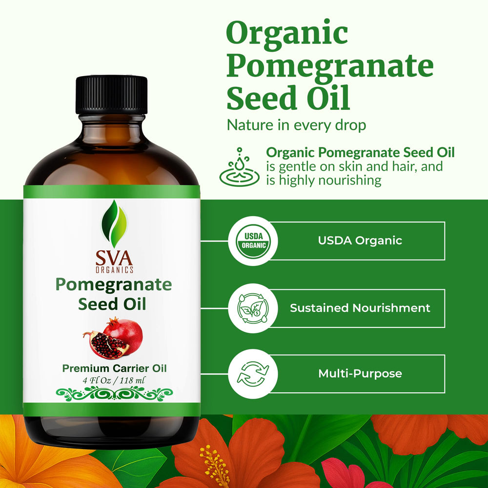 SVA ORGANICS Pomegranate Seed Oil bottle label highlights organic, cold-pressed purity
