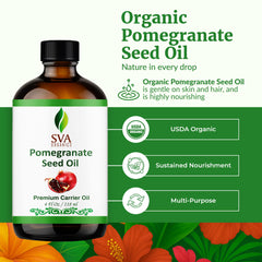SVA ORGANICS Pomegranate Seed Oil bottle label highlights organic, cold-pressed purity