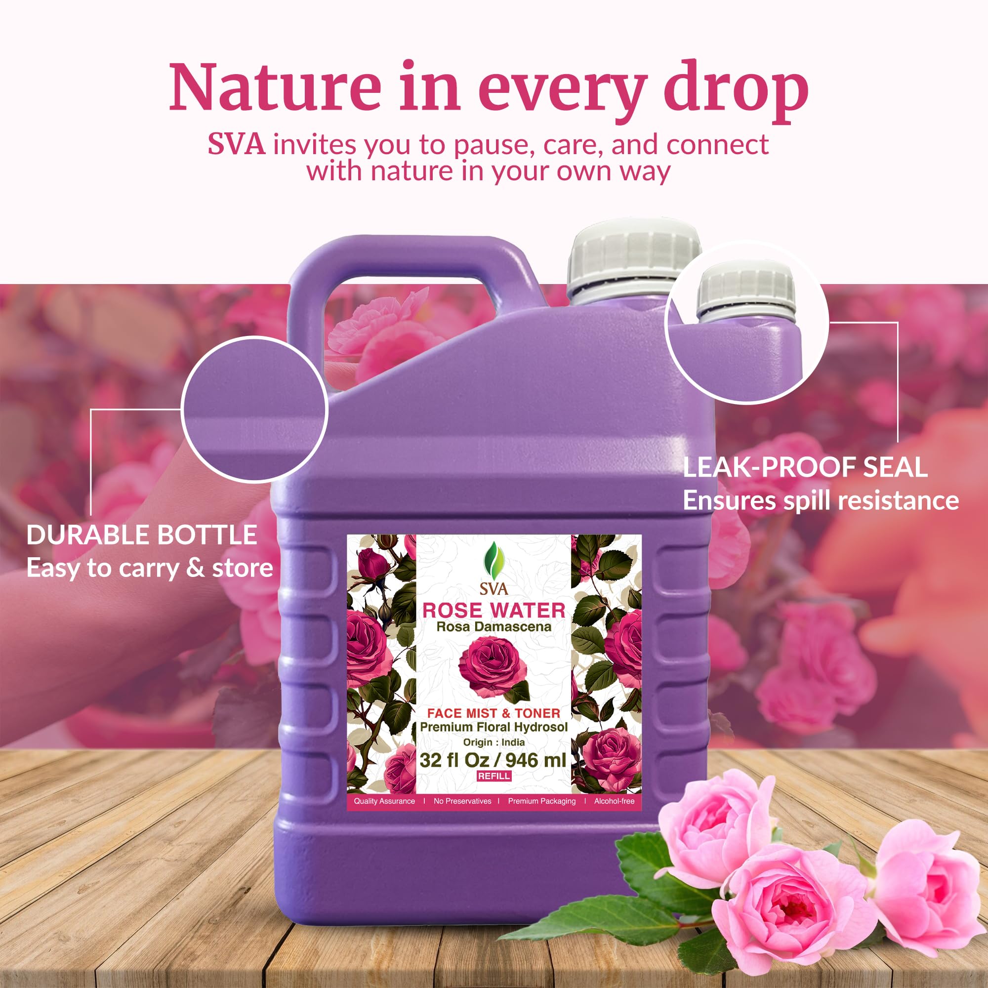 SVA Rose Water hydro-distillation captures premium rose essence for skincare.