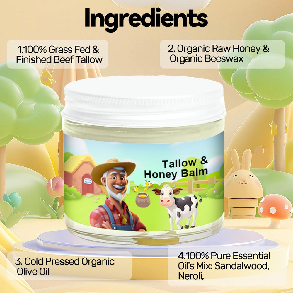 SVPMECN Tallow And Honey Balm jar close-up reveals creamy texture ideal for deep hydration.