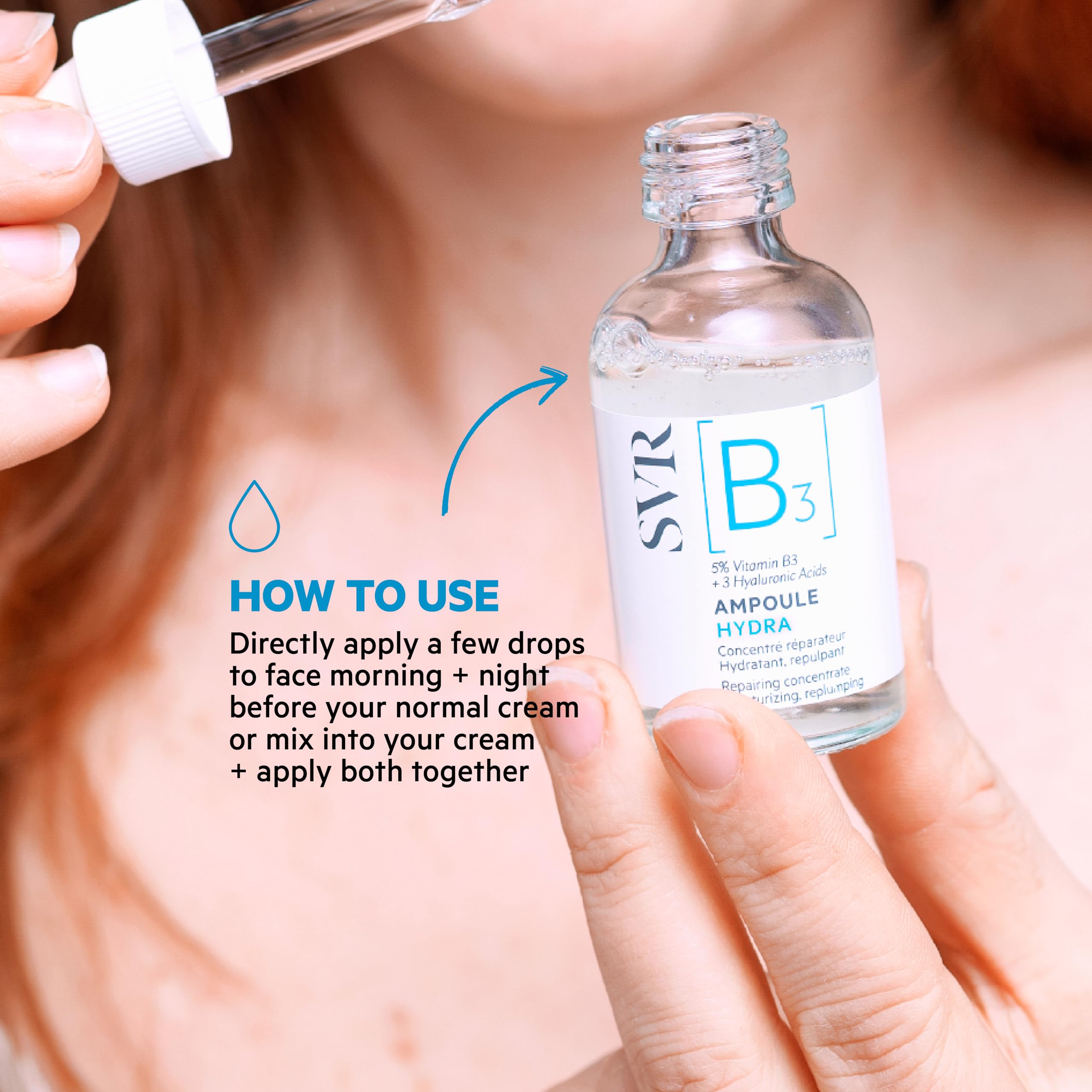 SVR B3 with hyaluronic trio visual highlighting deep hydration.