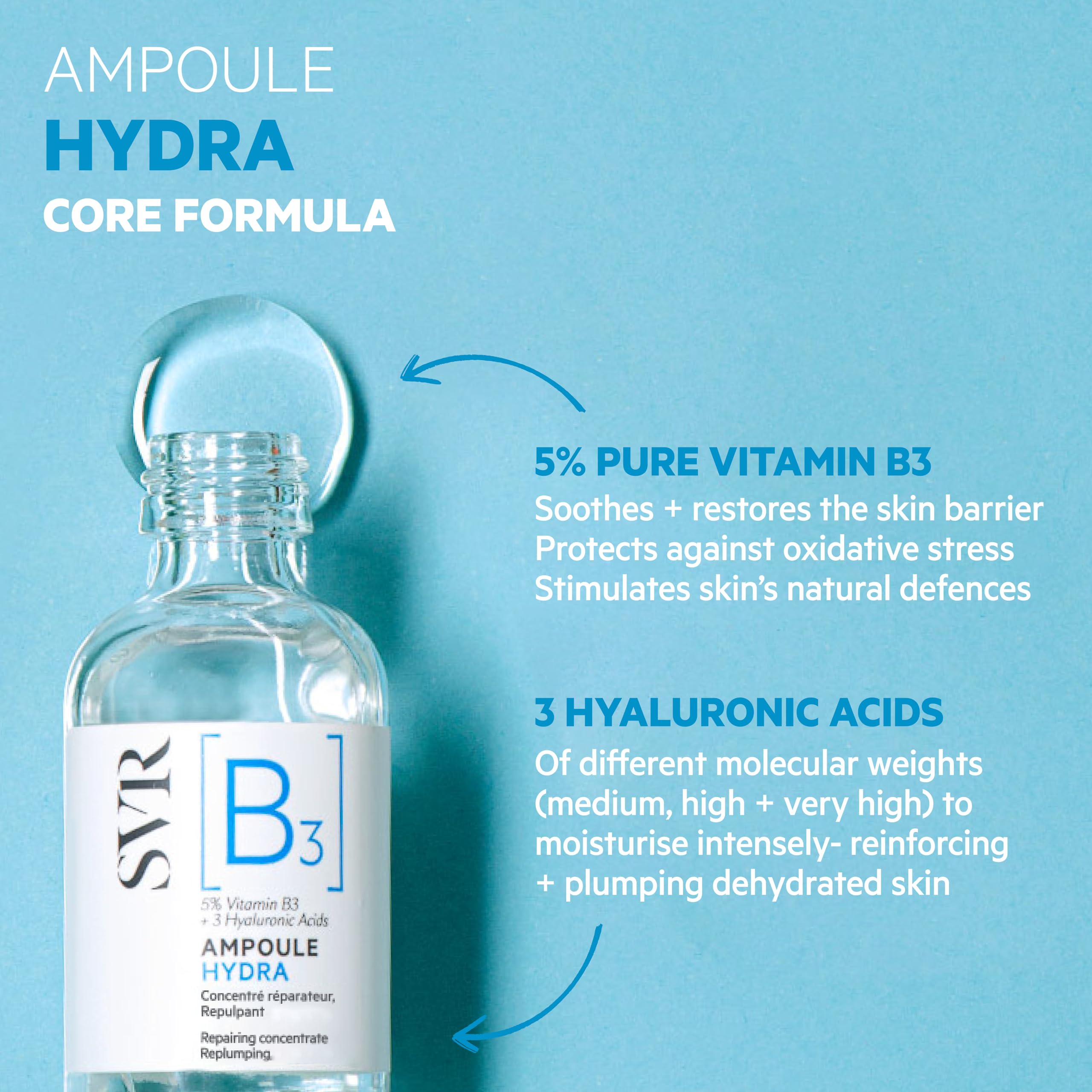 SVR B3 texture close-up highlighting lightweight, fast-absorbing serum.