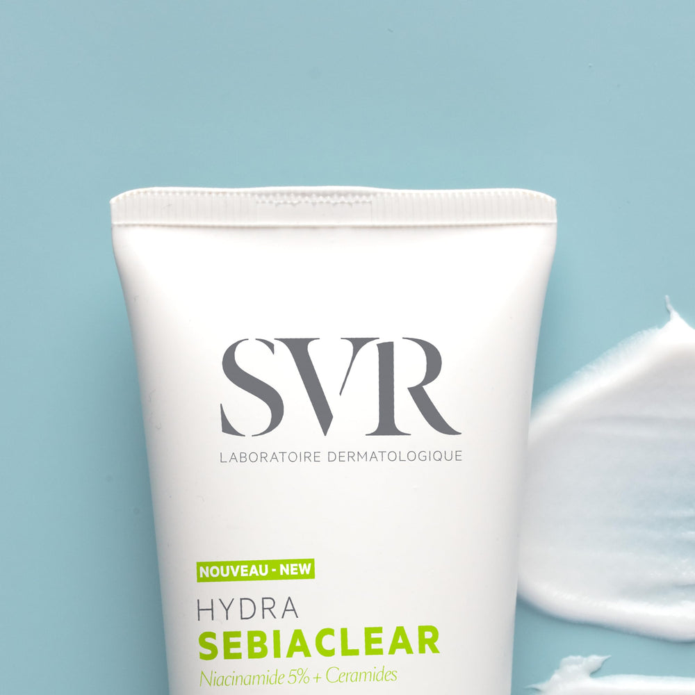 SVR Sebiaclear Moisturizing Face Cream ingredient-hyaluronic-acid emphasizing hydration for dry patches.