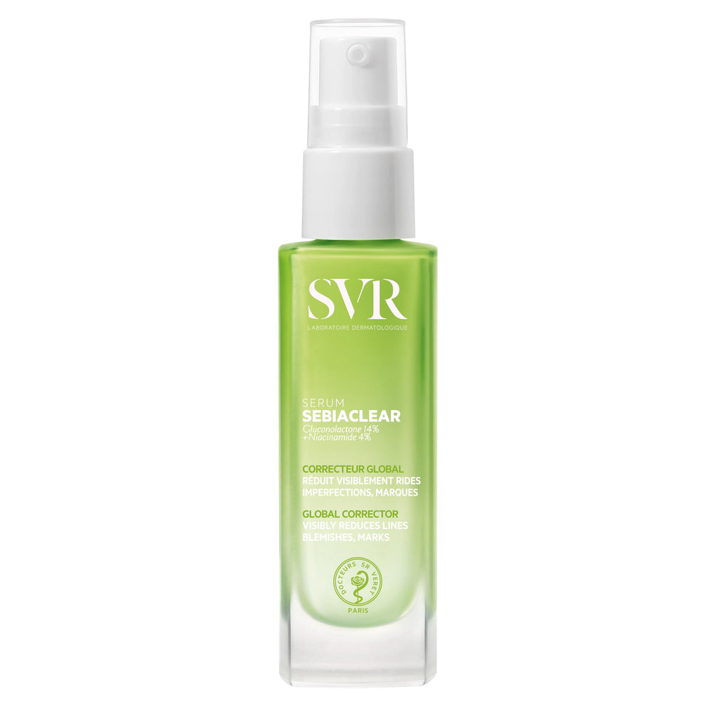 SVR Sebiaclear serum bottle closeup highlighting lightweight hydration for sensitive oily skin