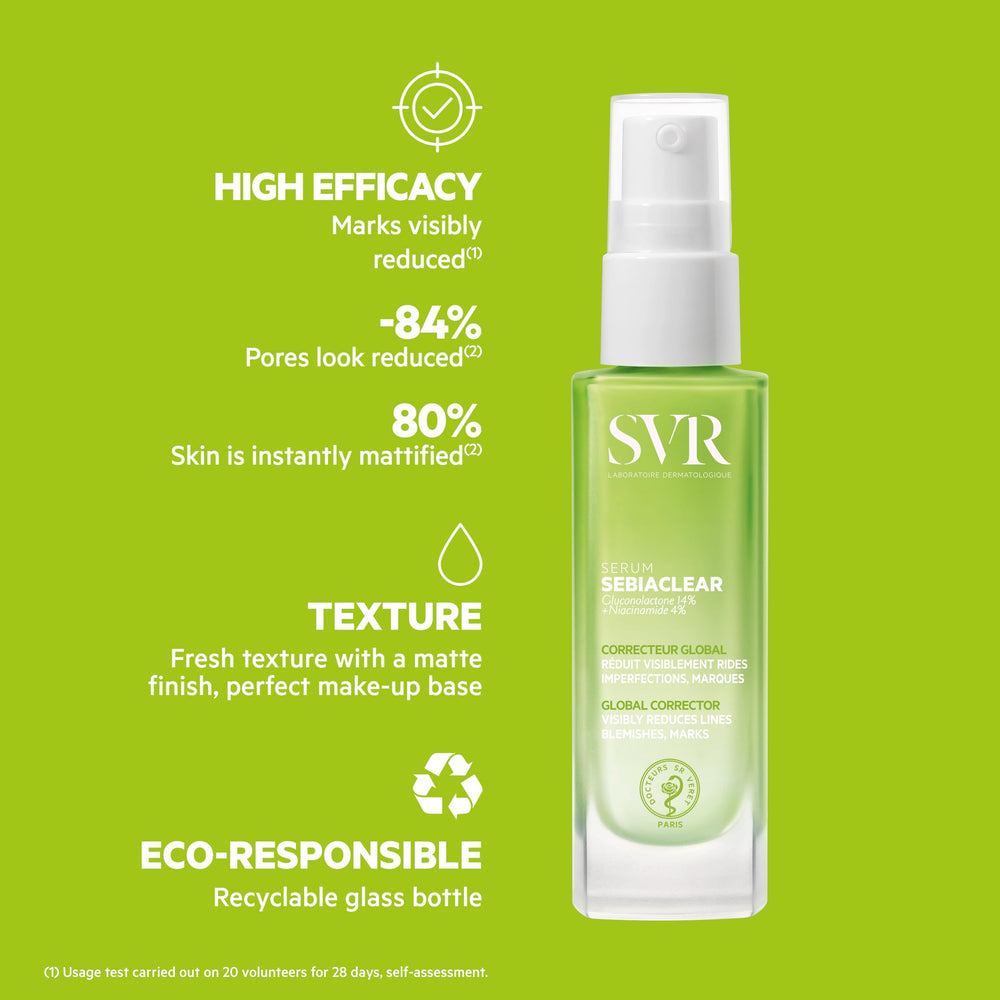 SVR Sebiaclear packaging image emphasizes convenient, dermatologist-inspired formula
