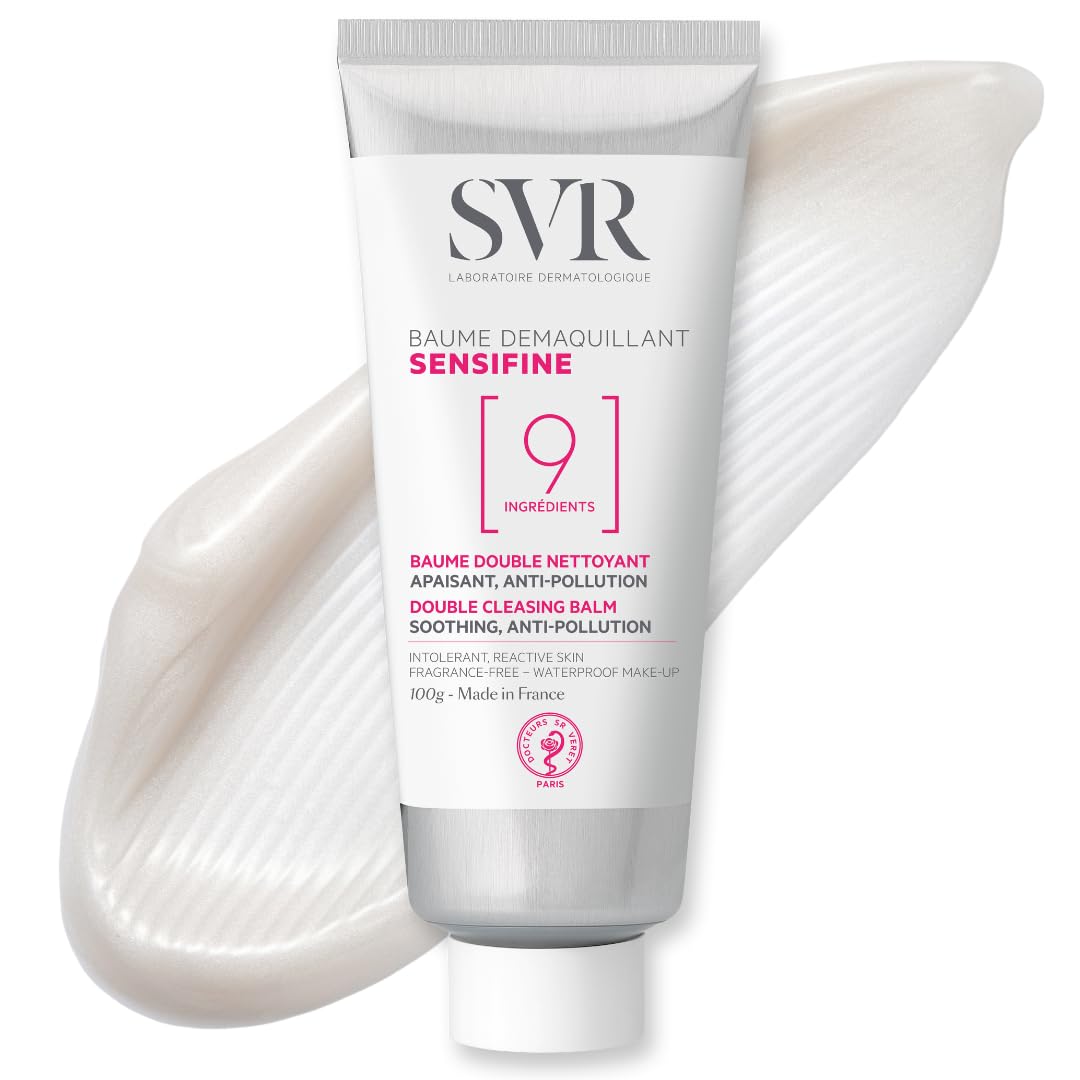 SVR Sensifine cleansing balm packaging highlights compact jar for on-the-go makeup removal.