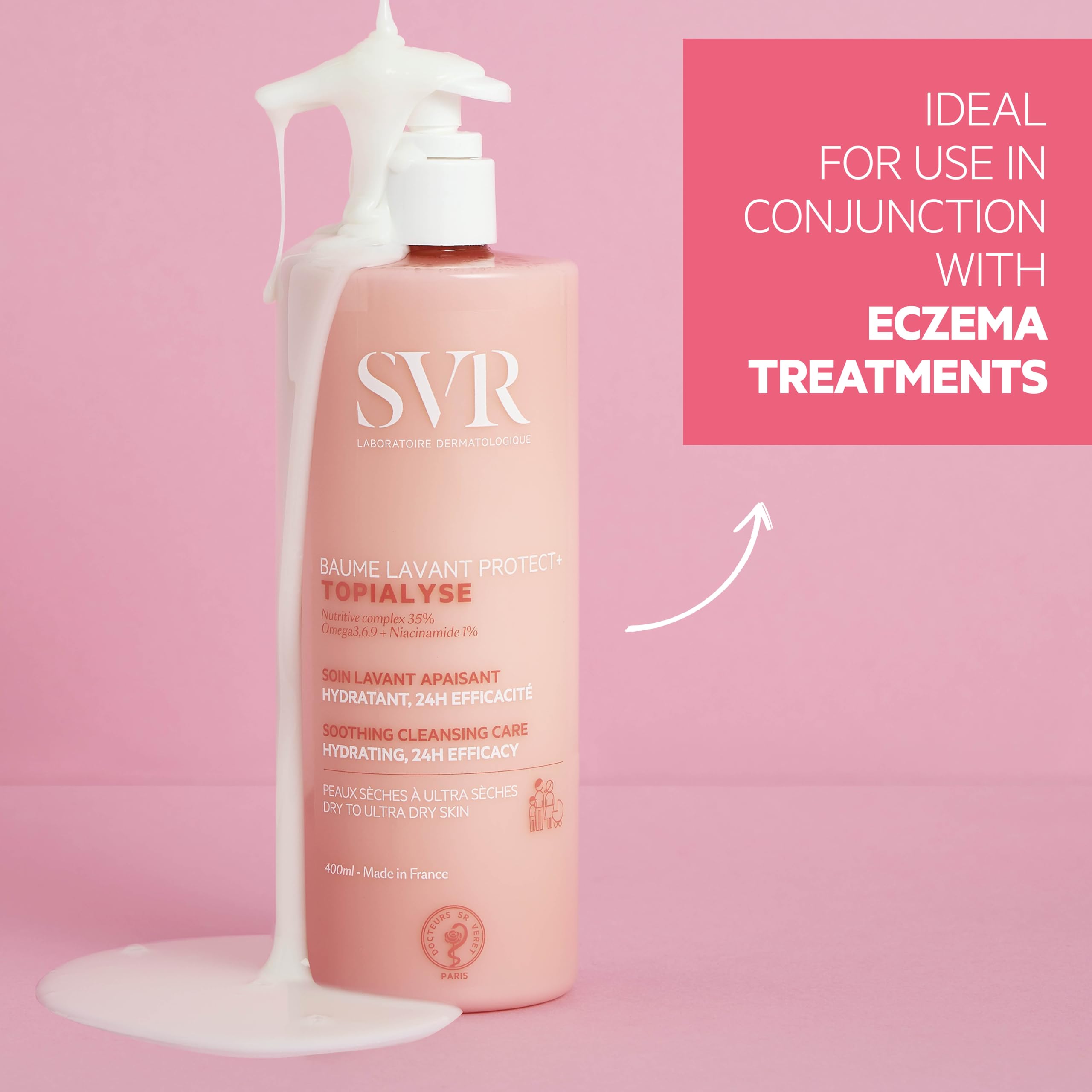 SVR Topialyse Cleansing Balm suitable for face, body, and hair hygiene on skin.