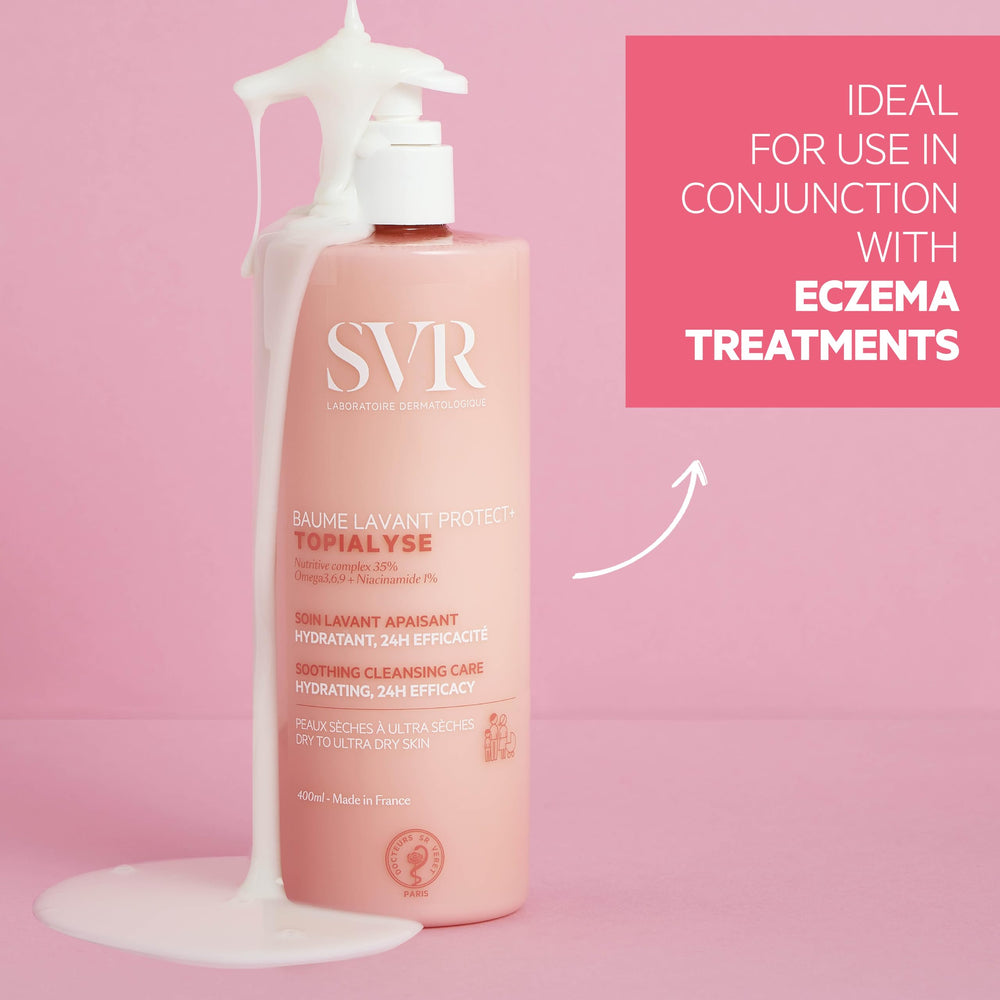 SVR Topialyse Cleansing Balm suitable for face, body, and hair hygiene on skin.