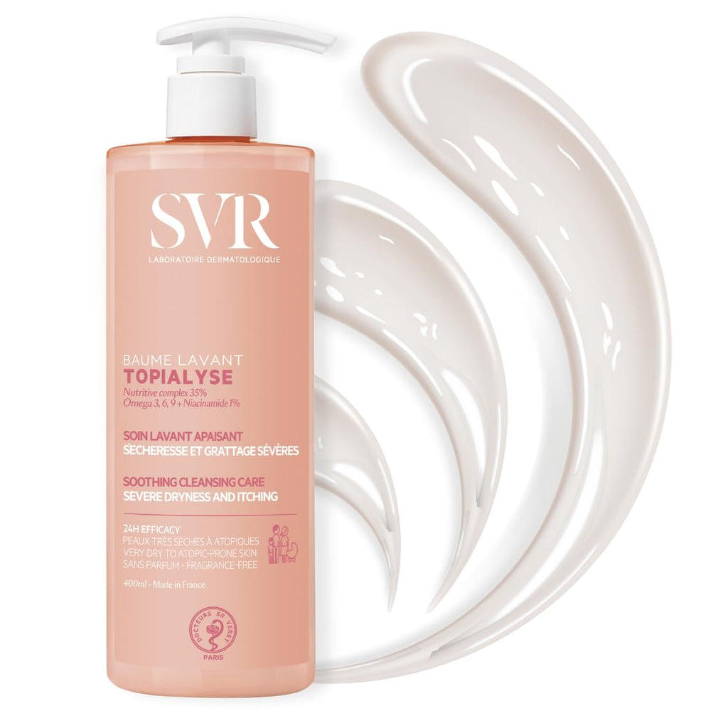 SVR Topialyse Cleansing Balm fragrance-free jar shows creamy texture for dry, sensitive skin.