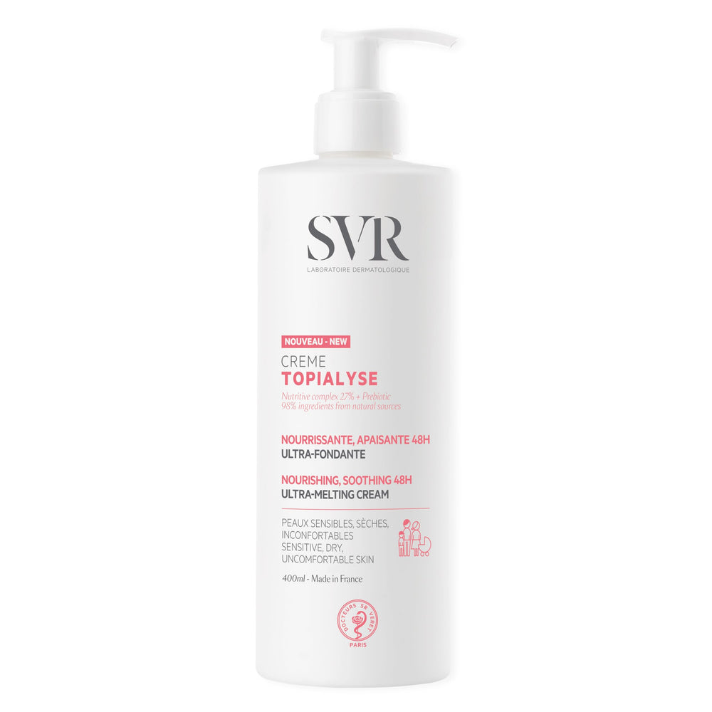 SVR Topialyse cream bottle shows daily moisturizing for dry skin.