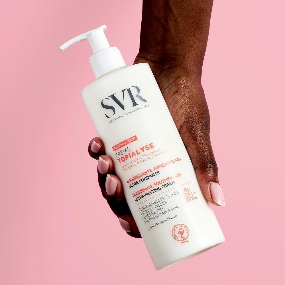 SVR Topialyse cream texture close-up demonstrates non-greasy velvety finish.