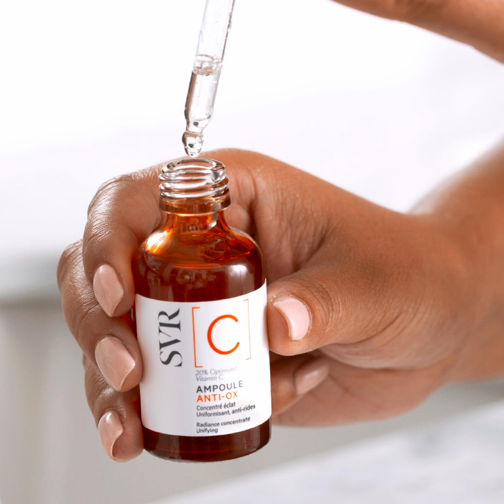 SVR Vitamin C Brightening Serum application swatch demonstrates glow and even tone potential.
