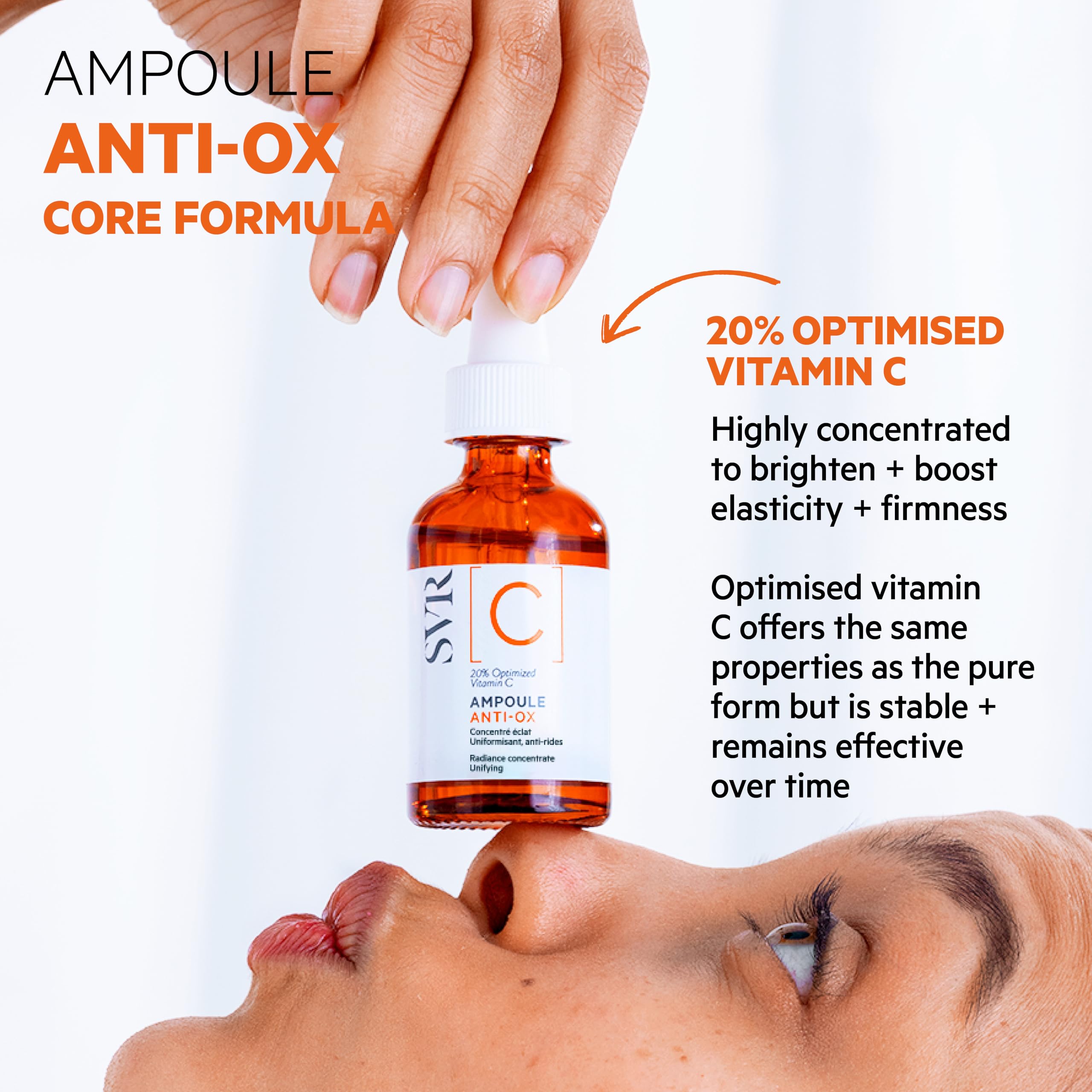 SVR Vitamin C Brightening Serum glow close-up hints at a luminous complexion.