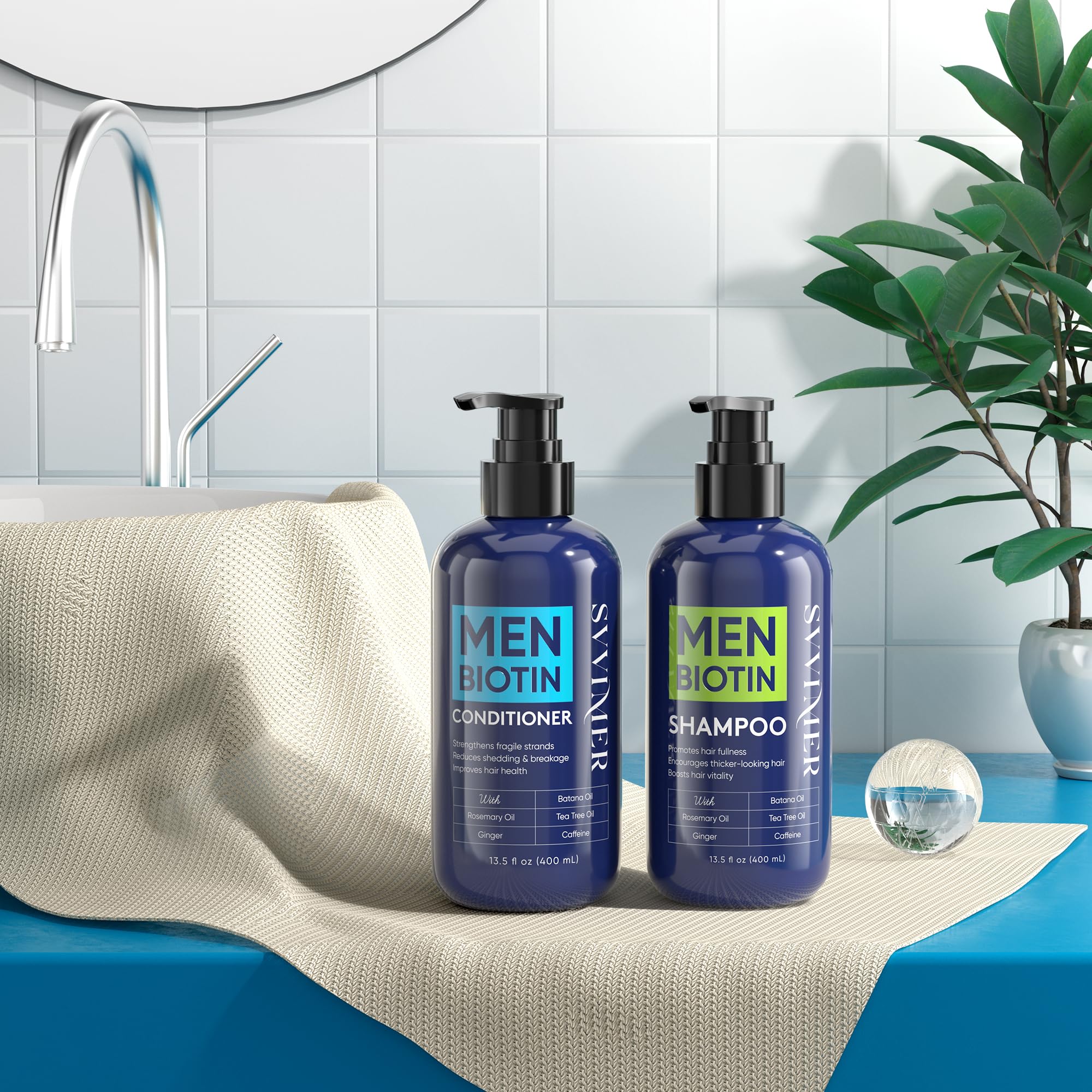 Svvimer Biotin Shampoo and Conditioner duo on display for fuller-looking hair.