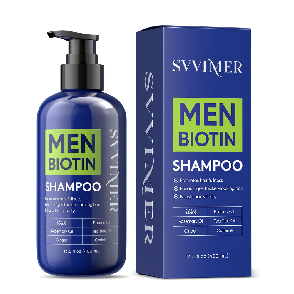 Svvimer hair growth shampoo bottle shows biotin and caffeine promoting fuller-looking hair