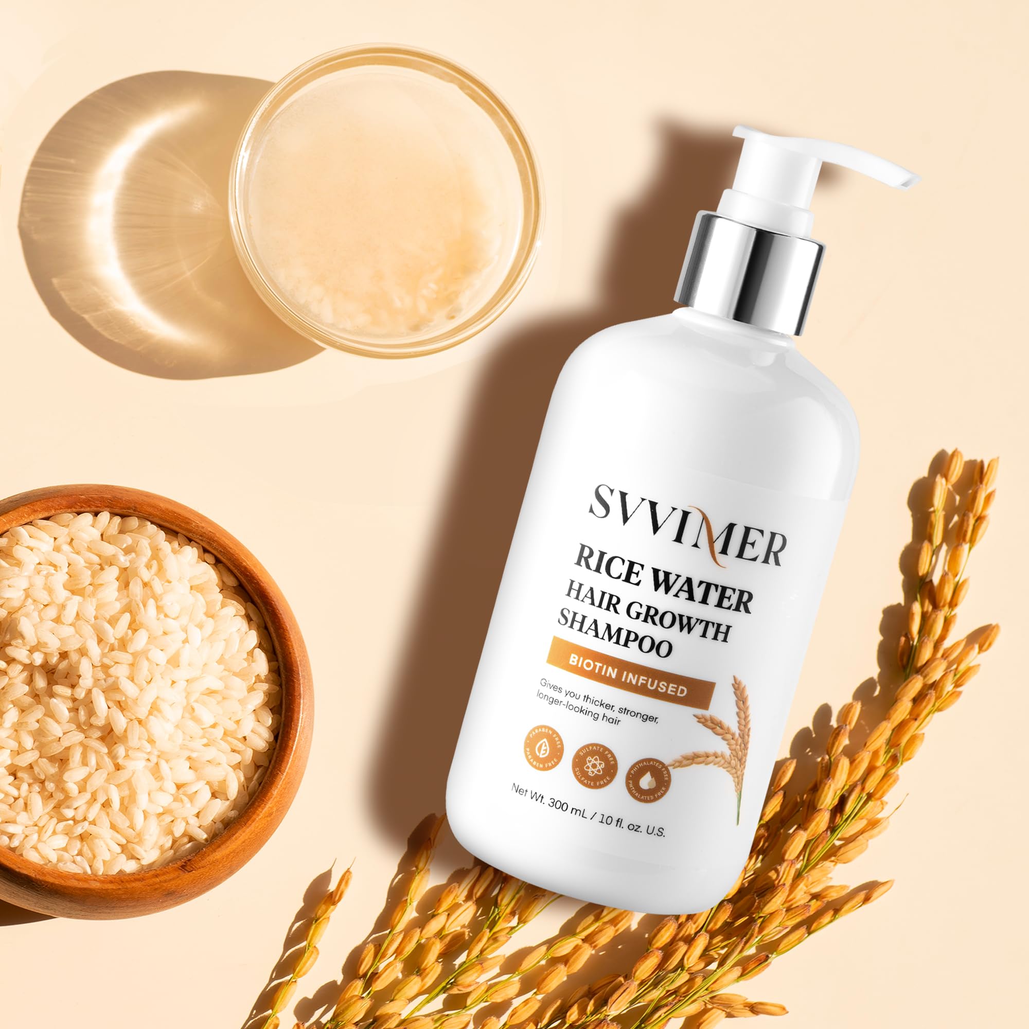 Svvimer natural ingredients rice water shampoo emphasizes blended nutrients for healthier-looking hair