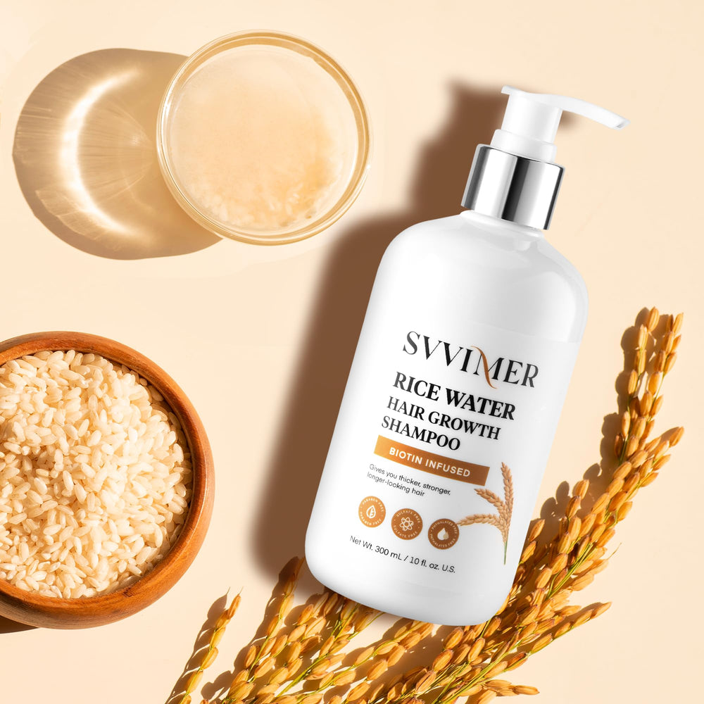 Svvimer natural ingredients rice water shampoo emphasizes blended nutrients for healthier-looking hair