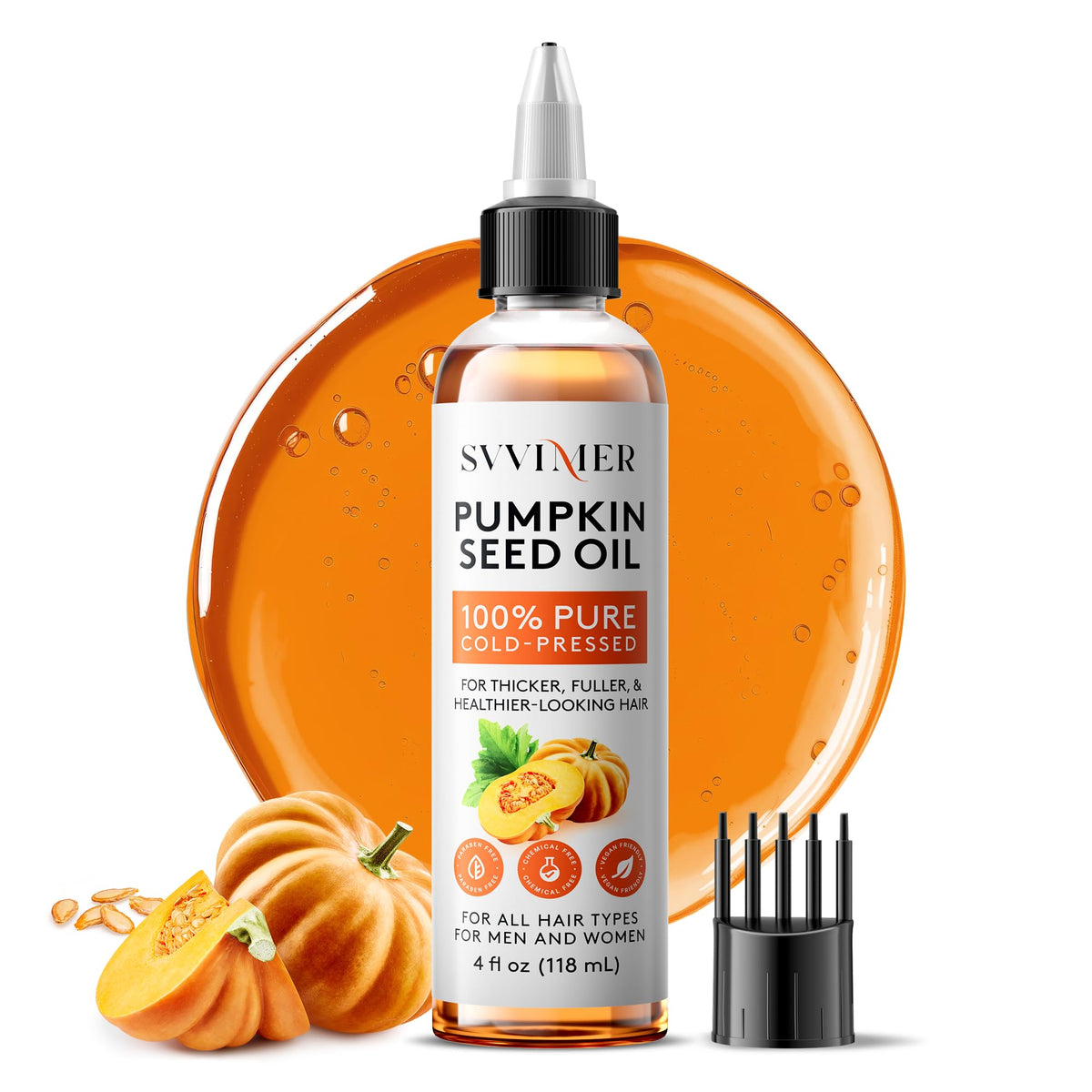 Svvimer pumpkin seed oil bottle closeup highlighting pure organic formula for hair nourishment
