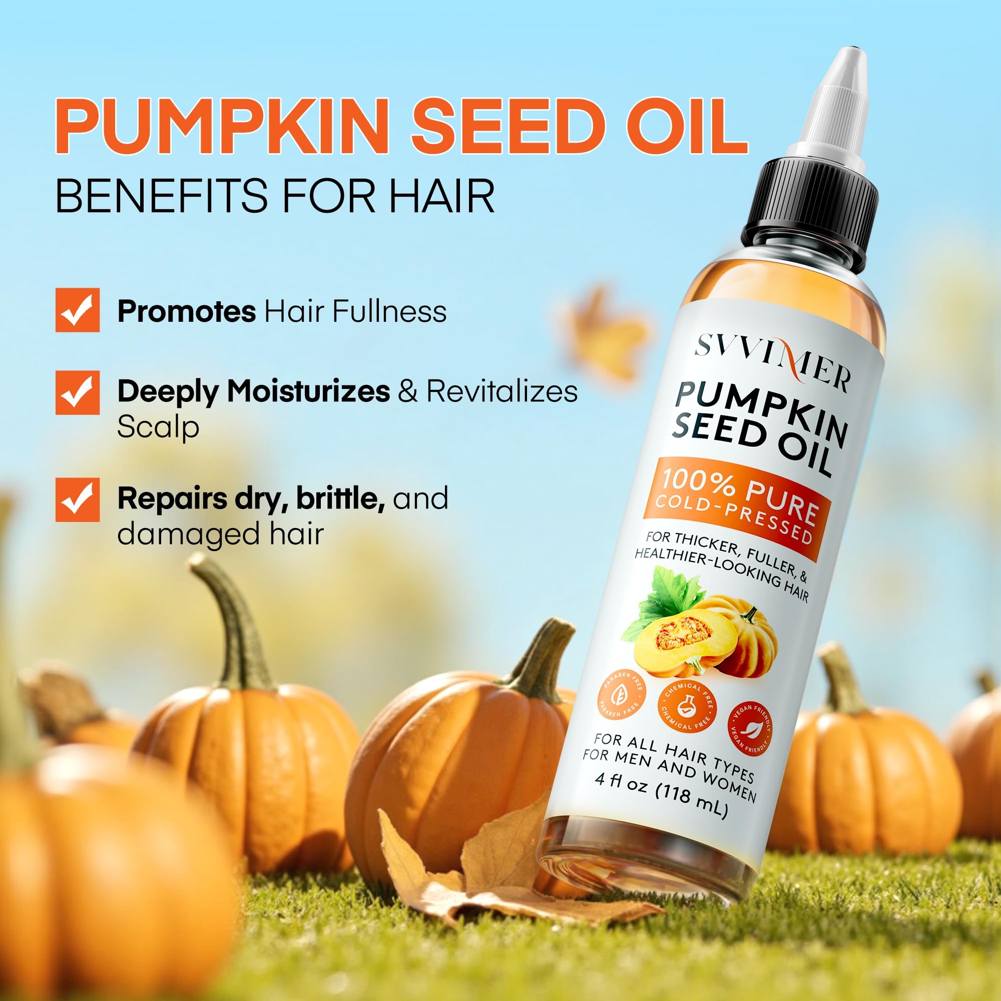 Svvimer pumpkin seed oil organic label emphasizes clean, cruelty-free, sulfate-free haircare benefits