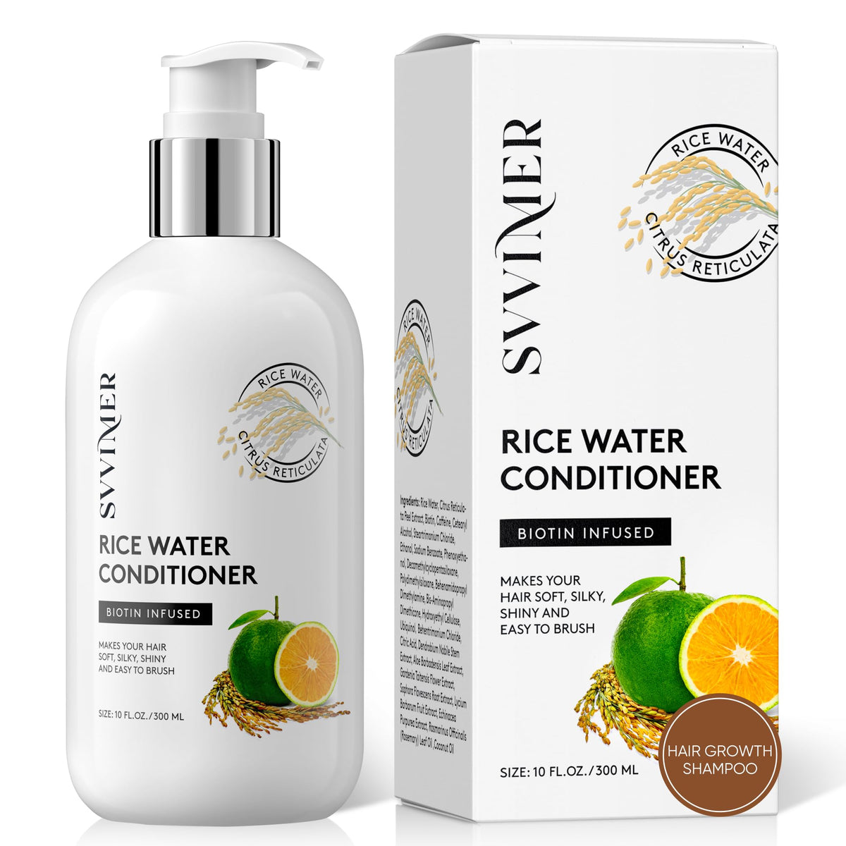 Svvimer rice water conditioner bottle promoting smoother, stronger hair.