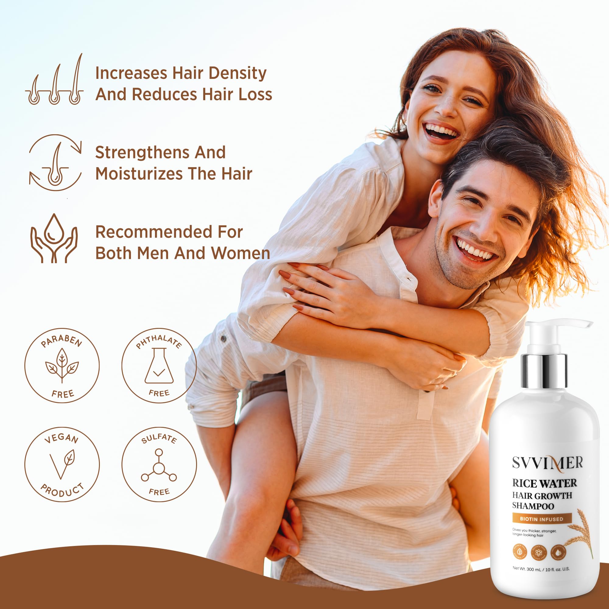 Svvimer rice water shampoo label closeup shows natural ingredients for scalp care