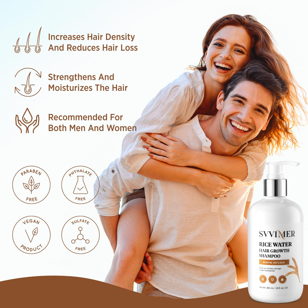 Svvimer rice water shampoo label closeup shows natural ingredients for scalp care