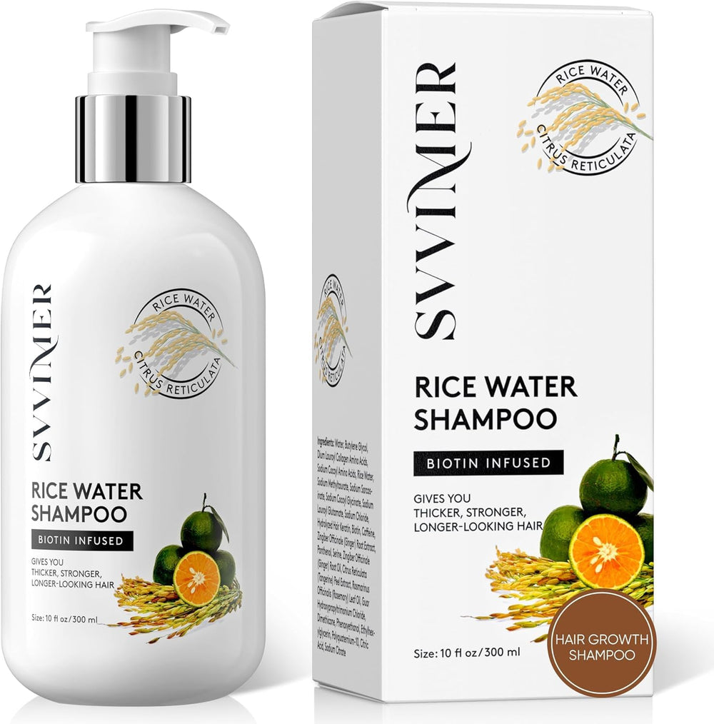 Svvimer rice water shampoo bottle with branding and gentle cleansing impression
