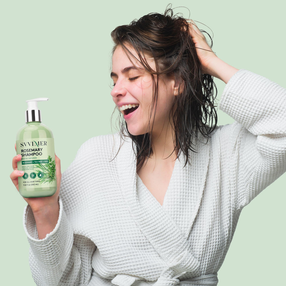 Svvimer Rosemary Shampoo with tea tree oil droplets suggesting soothing scalp care