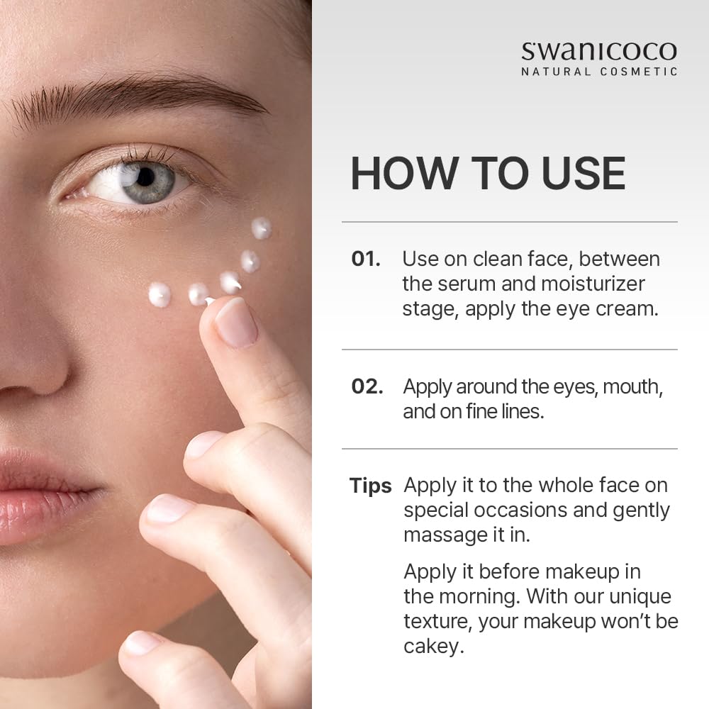 SWANICOCO eye cream tube close-up shows 8 peptides supporting elasticity