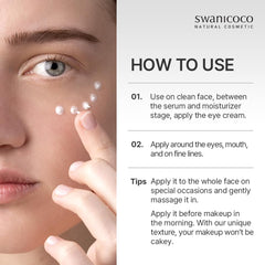 SWANICOCO eye cream tube close-up shows 8 peptides supporting elasticity