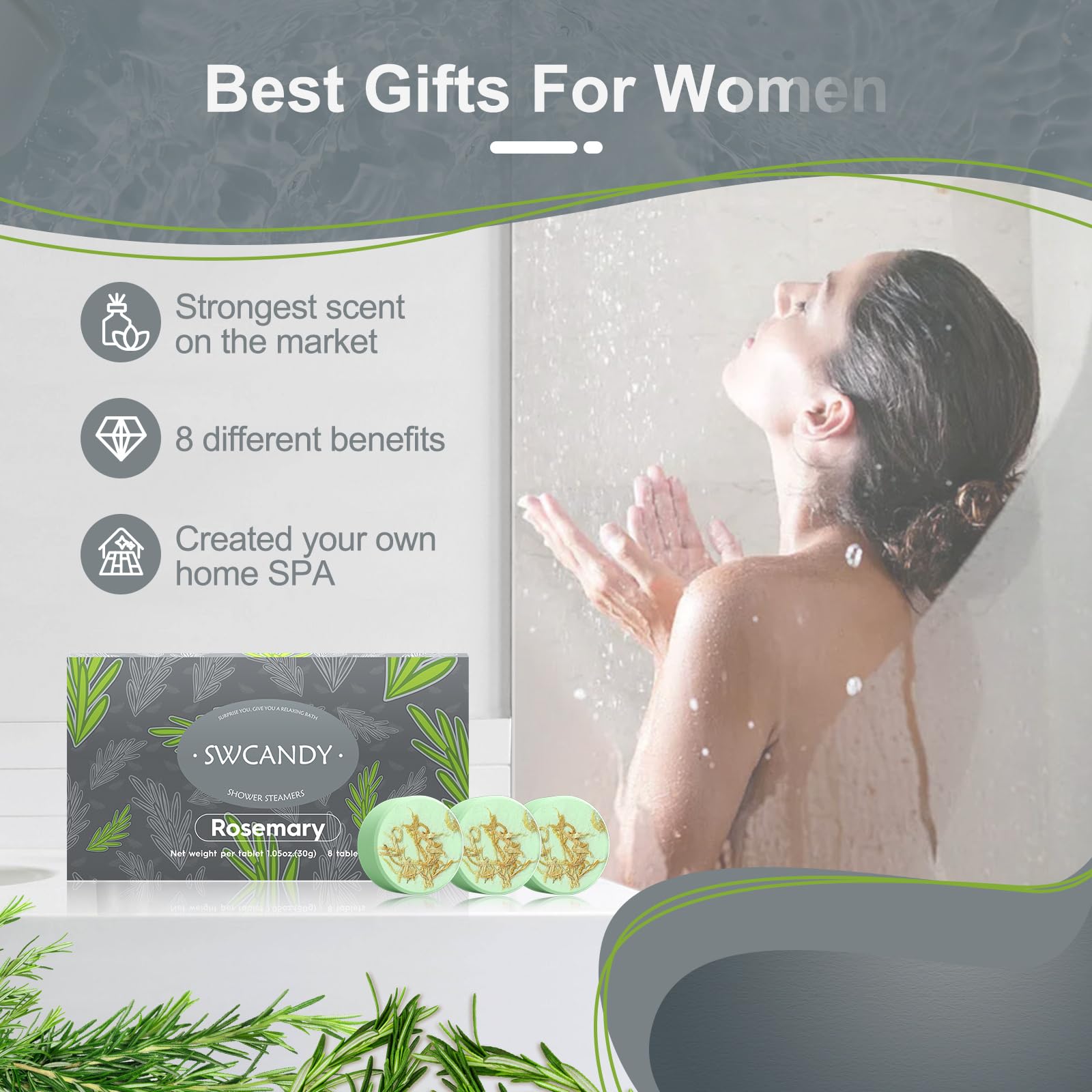 SWCANDY rosemary shower steamers aroma diffusion in shower providing spa-like ambiance.