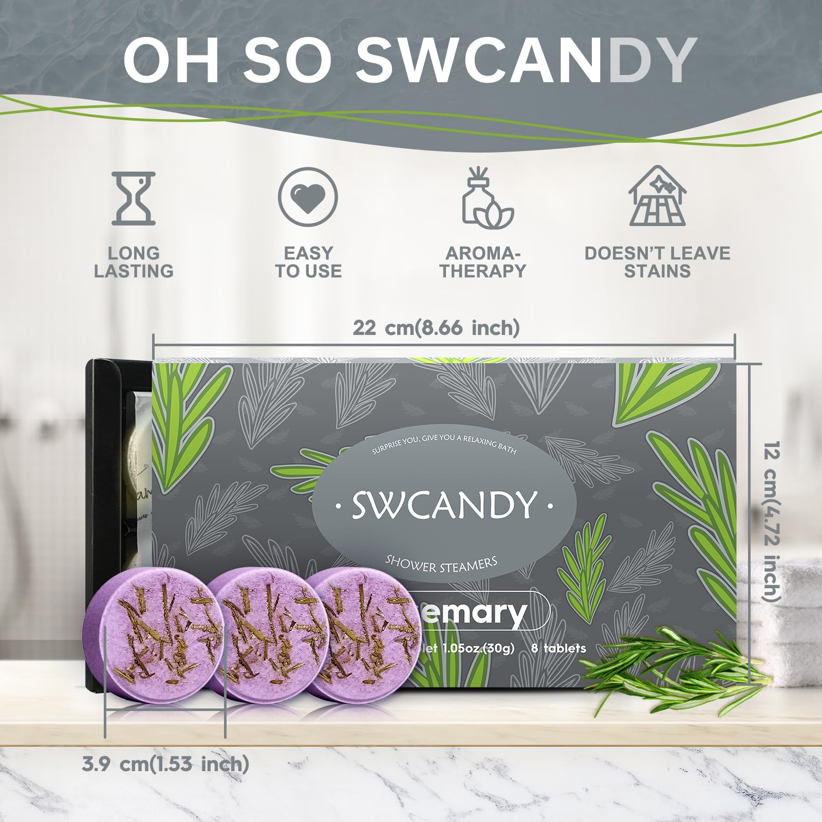 SWCANDY rosemary shower steamers placed in the bath releasing lasting fragrance.