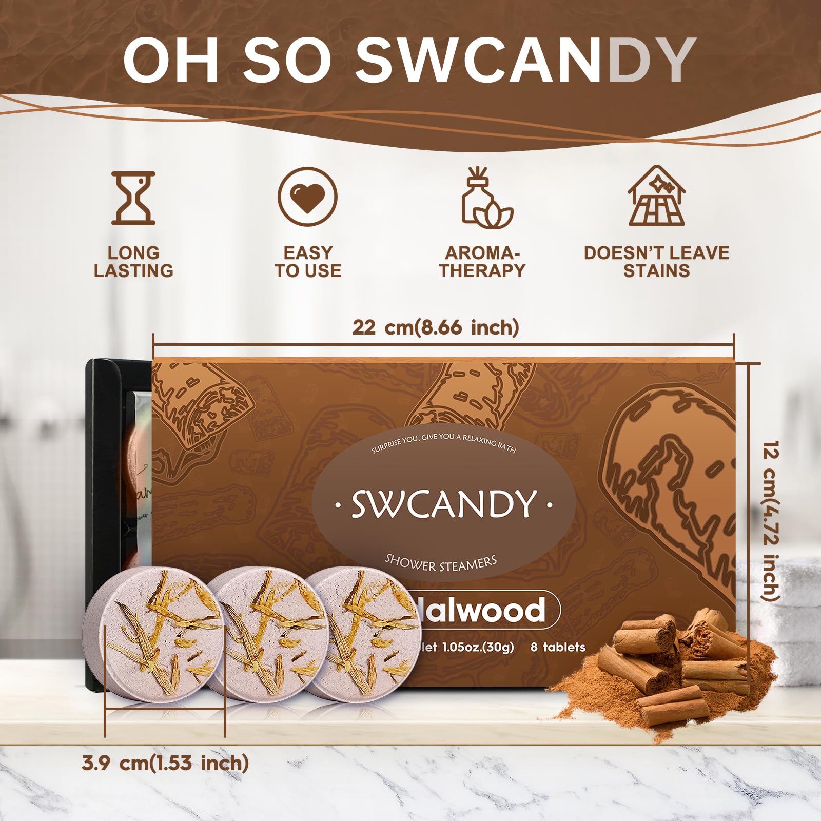 SWCANDY sandalwood scent promotes calming rituals and mood enhancement.