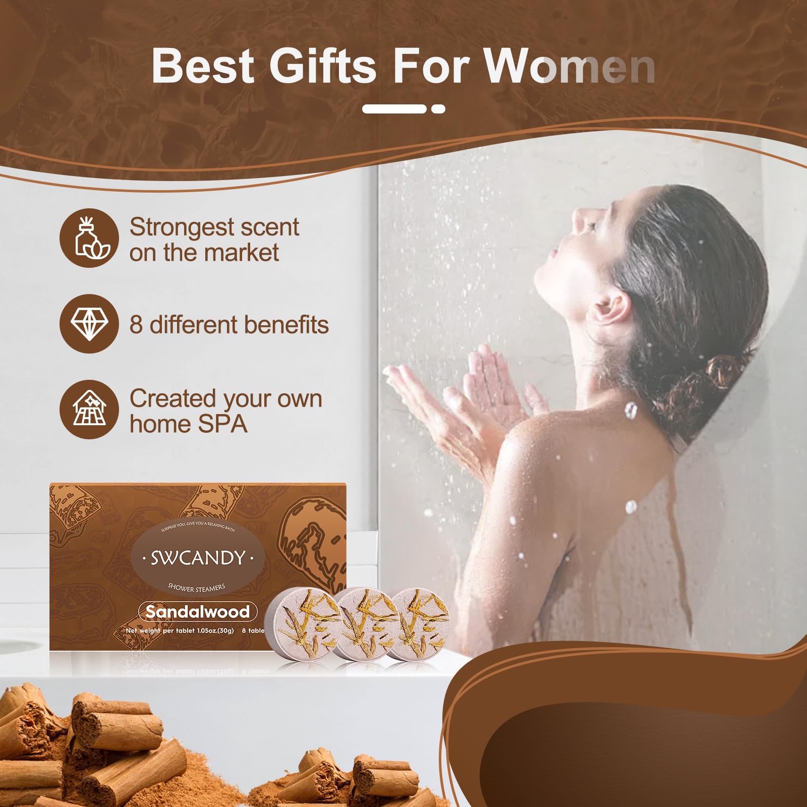 SWCANDY Shower Steamers dissolving in shower for lasting fragrance.