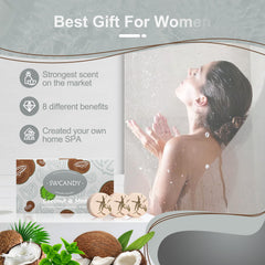 SWCANDY coconut-mint steamers dissolving in shower releasing calming aroma