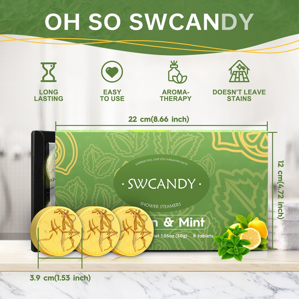 SWCANDY lemon mint steamers in shower scene providing refreshing aromatherapy