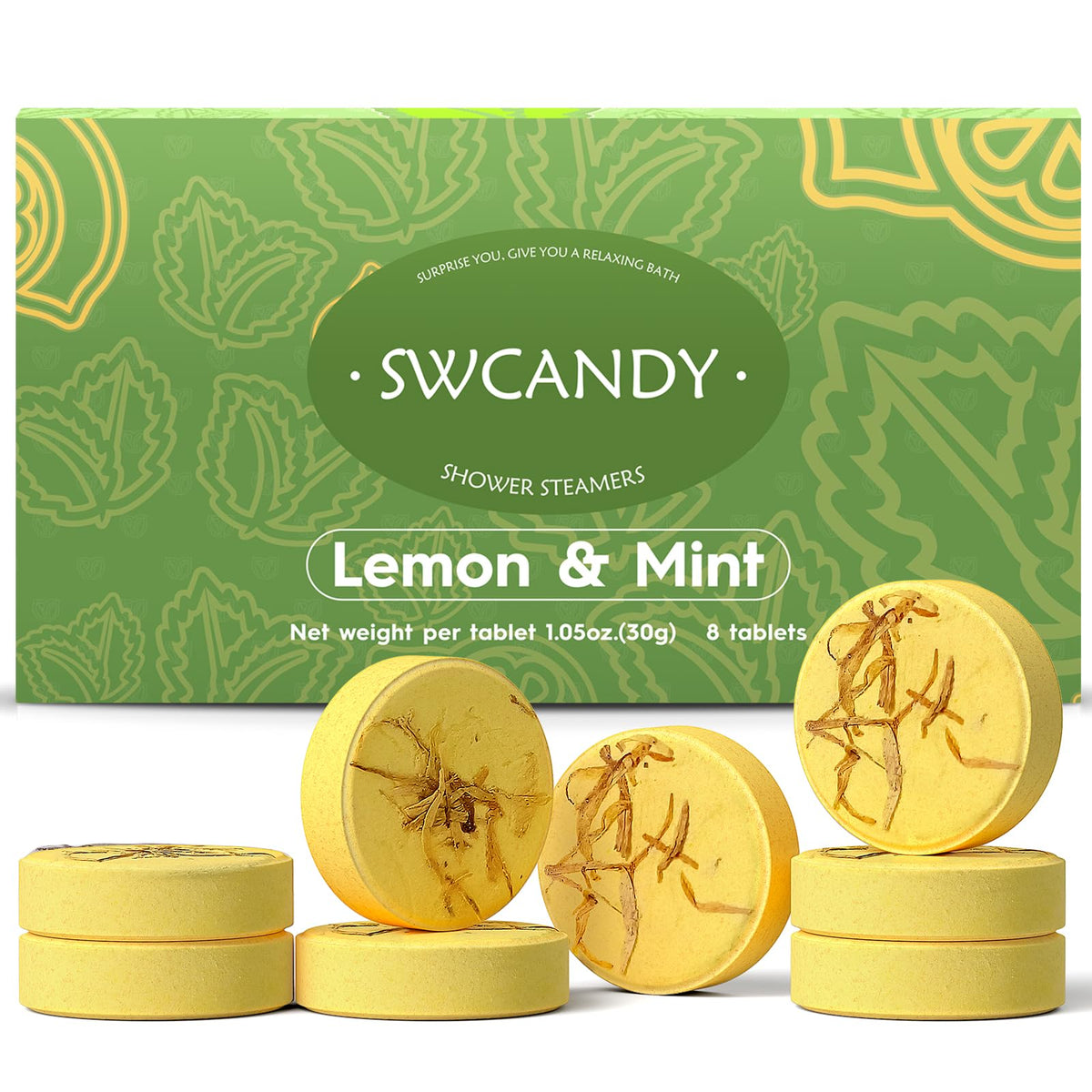 SWCANDY lemon mint shower steamers packaging ideal as a gift for birthdays